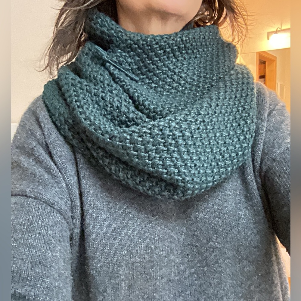 Sarah Pacini dark green cowl scarf with pin